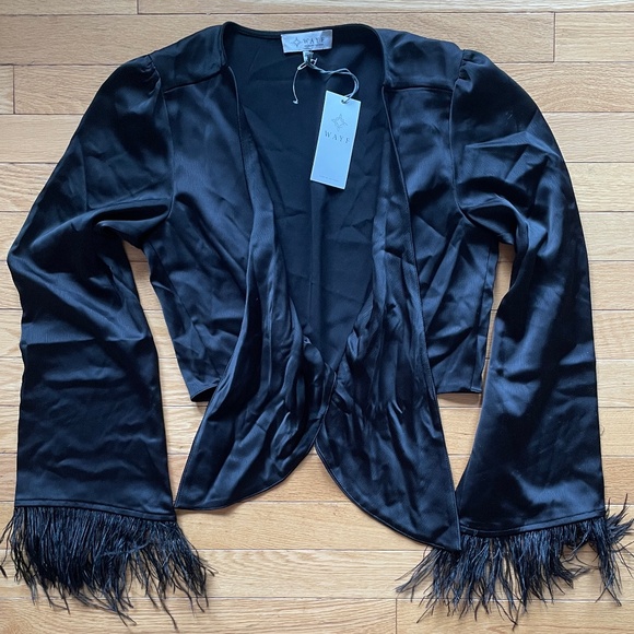 Brand New Women’s Wayf Satin and Feather Open Jacket Top - Picture 4 of 9